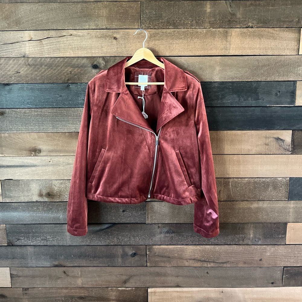 LC Lauren Conrad Velvet Moto Jacket Zip Front in Rose – Size L - Picture 2 of 10